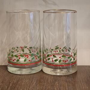 VTG Arby's Christmas Hollyberry Ribbon Highball 5 1/4" Tall Glasses Set 2